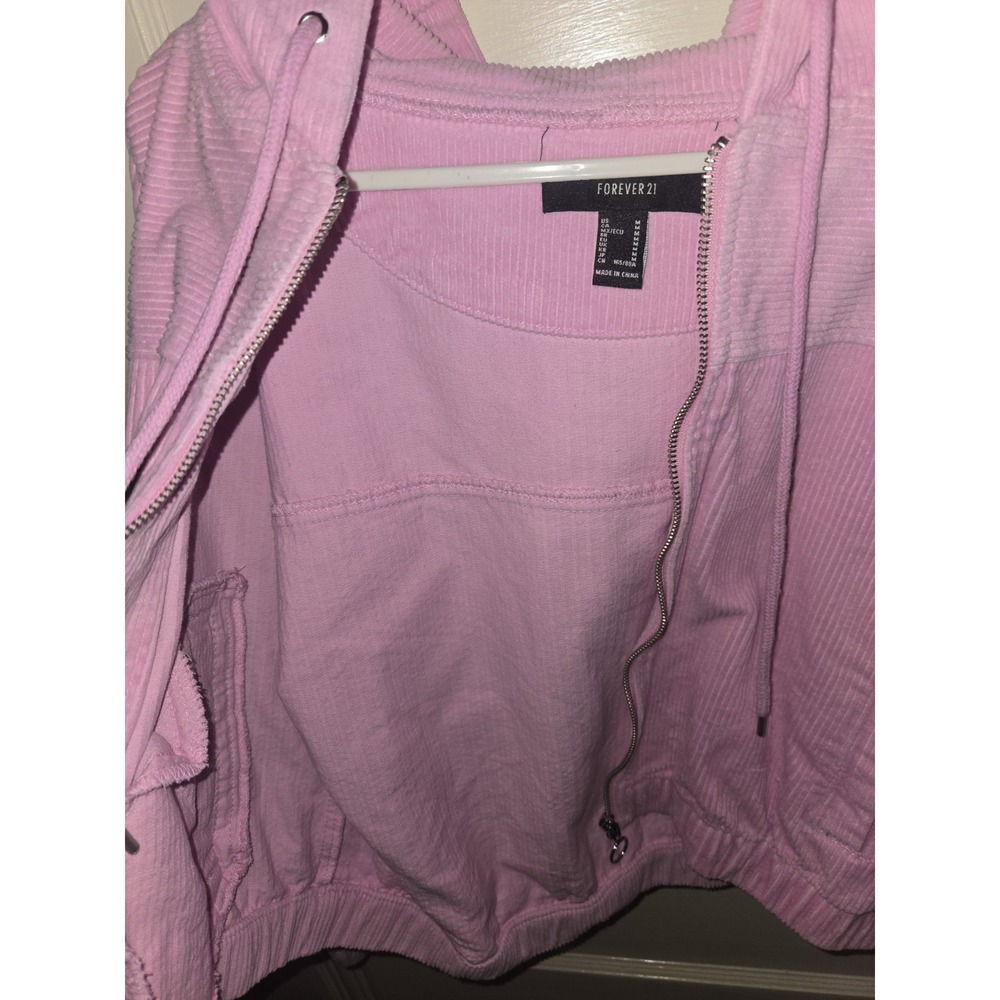 FOREVER 21 Pink Corduroy Zip Up Hoodie Jacket Women's Medium Casual Cropped - Picture 2 of 4